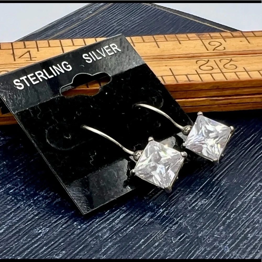 Simple artisan 925 silver shepherds hook rectangular clear rhinestone earrings
